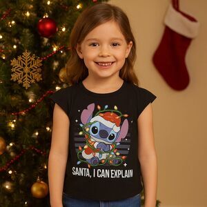 Disney Girls Graphic Shirt Top “Santa, I Can Explain”  STITCH Christmas Size Sm